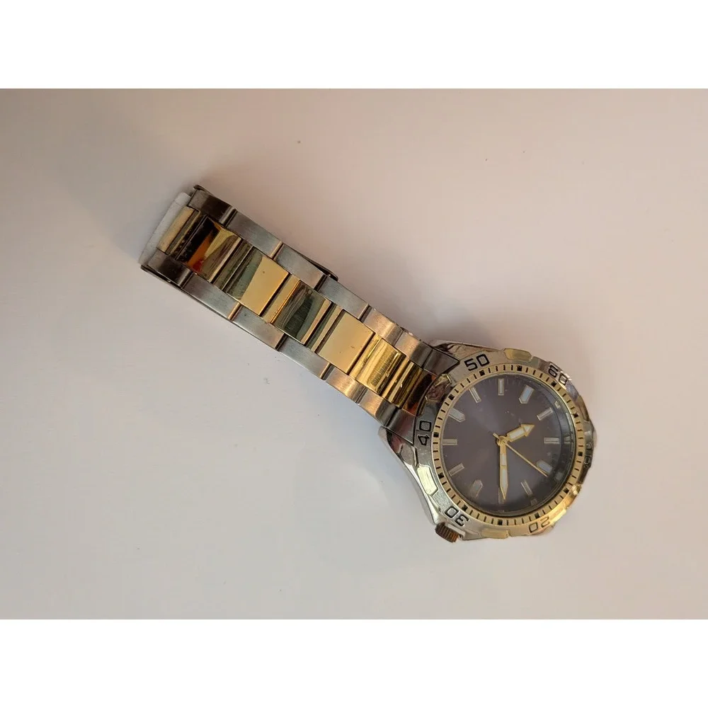 Mens Two Tone Quartz Watch Blue Dial Silver Gold Link Bracelet Japan Movt